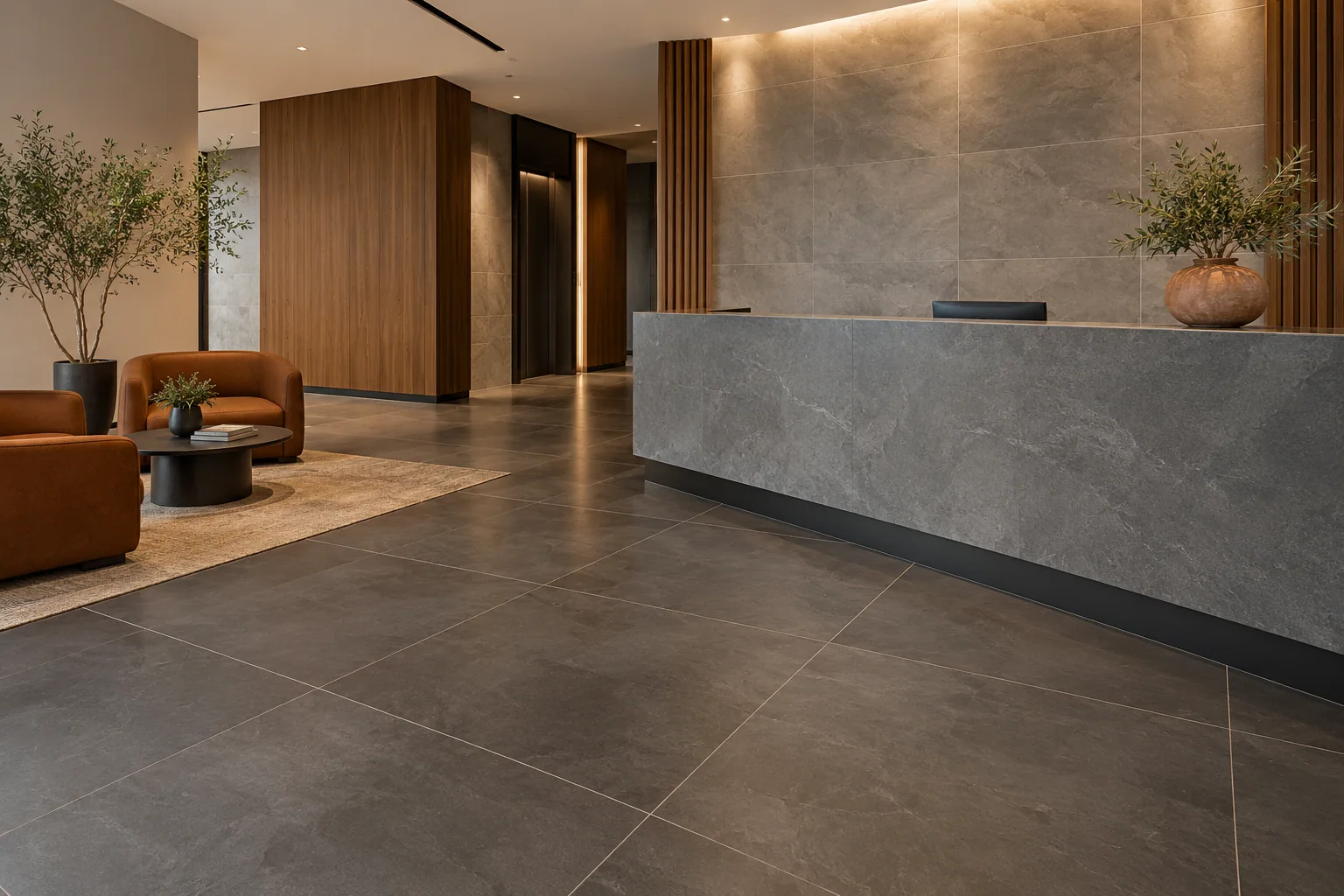 Durable large-format commercial tile in a modern reception area