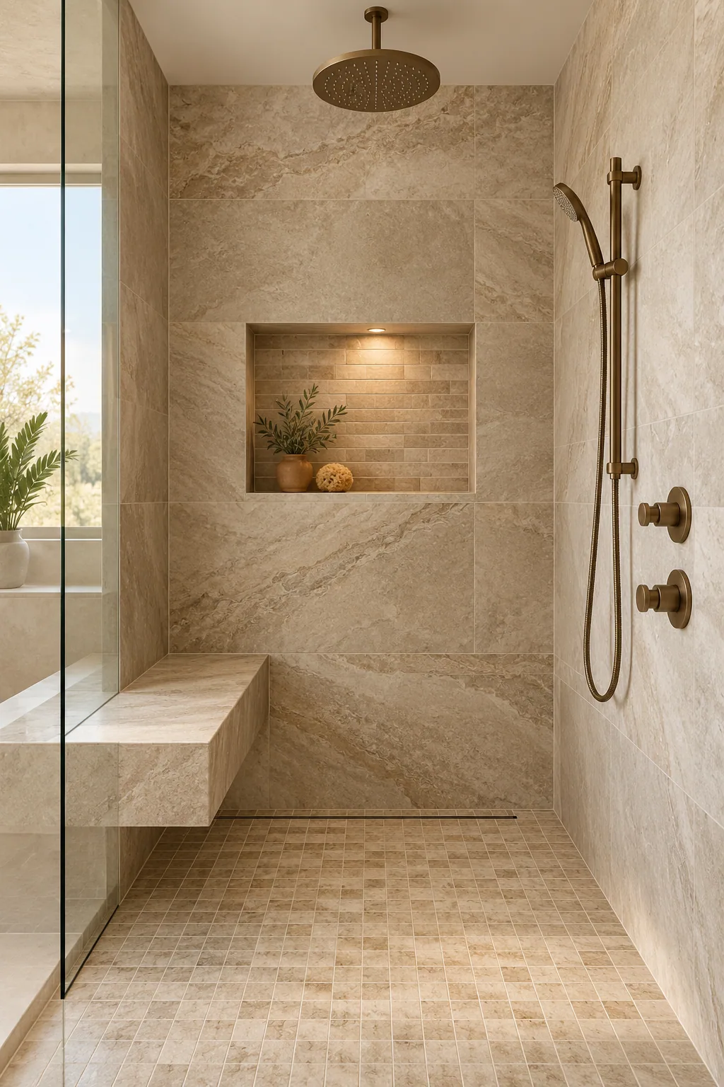Finished custom walk-in shower with warm neutral tile, a niche, and a bench