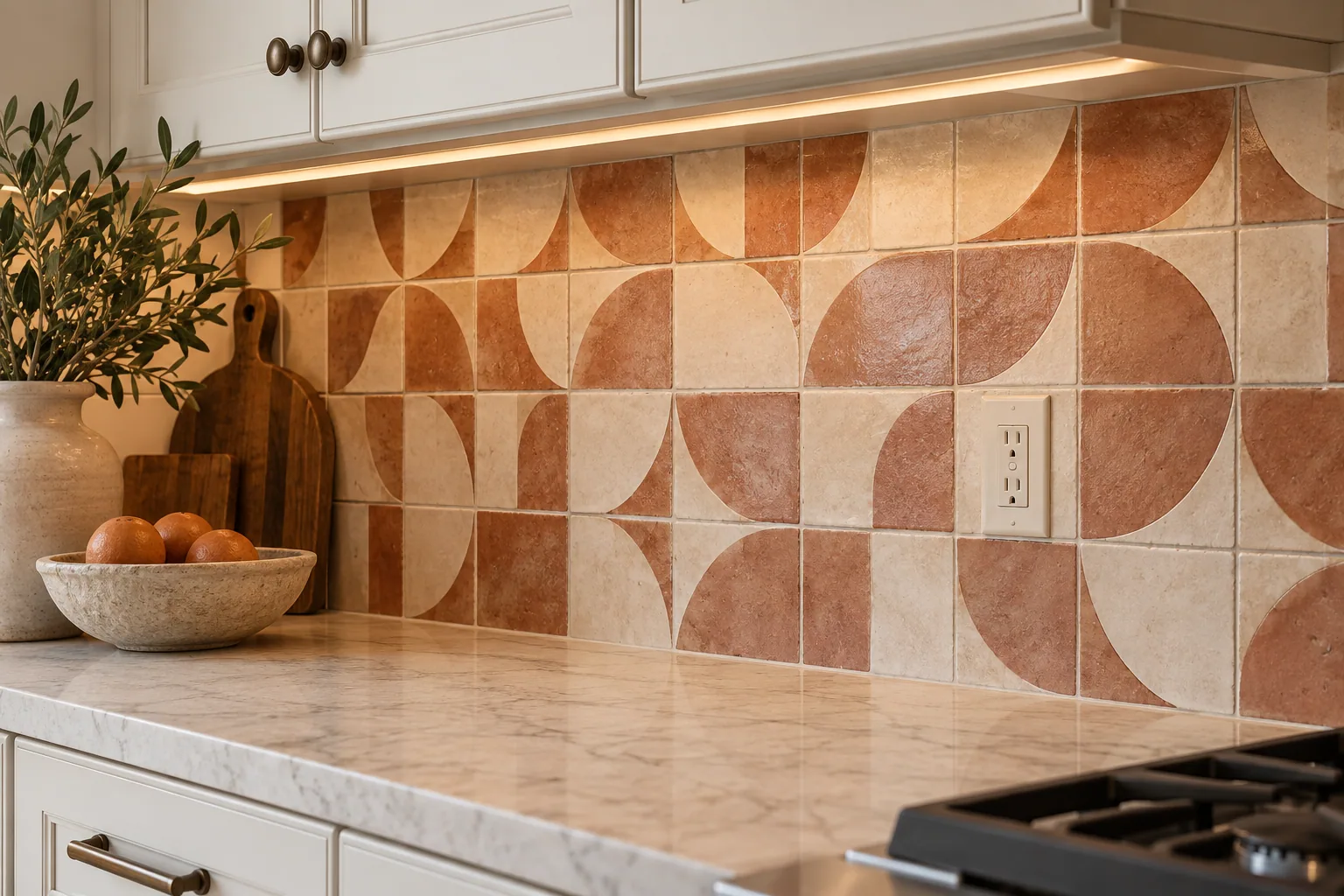 Cream and terracotta geometric kitchen backsplash