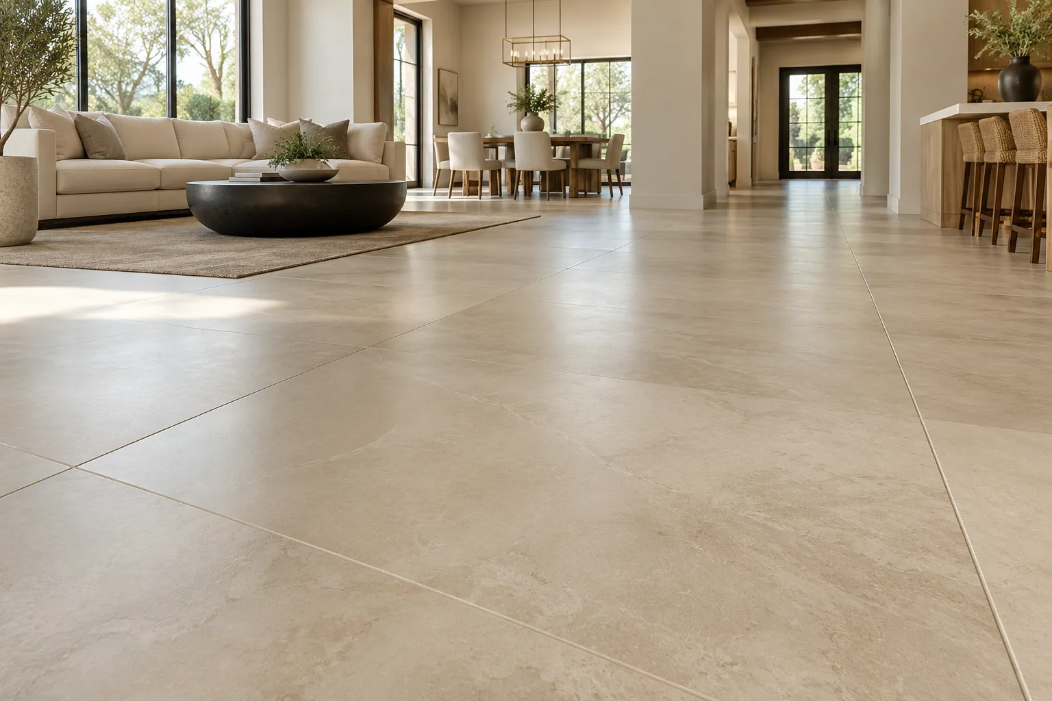 Large-format porcelain floor tile in an open living space