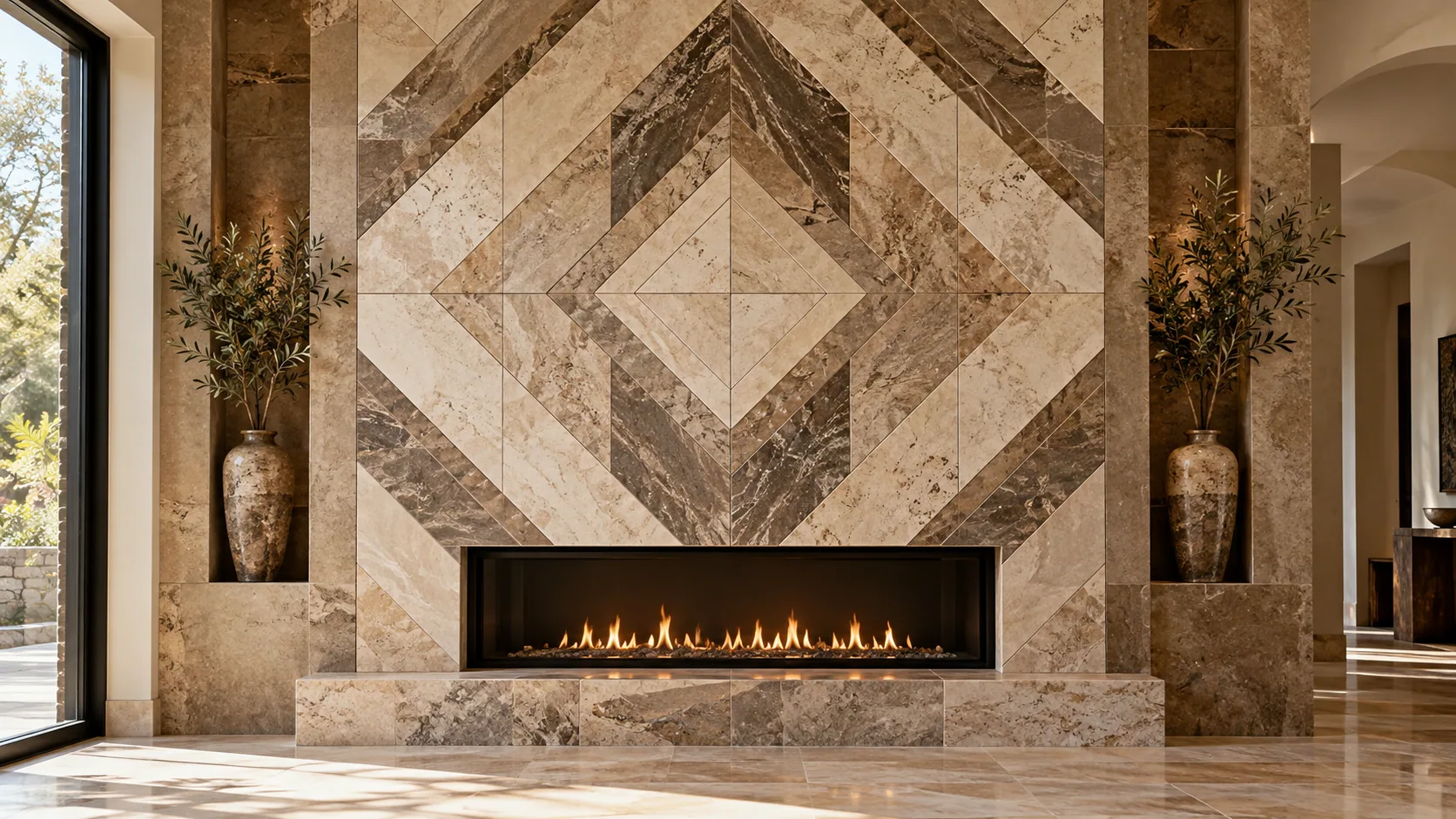 Precision-cut geometric natural stone fireplace feature wall